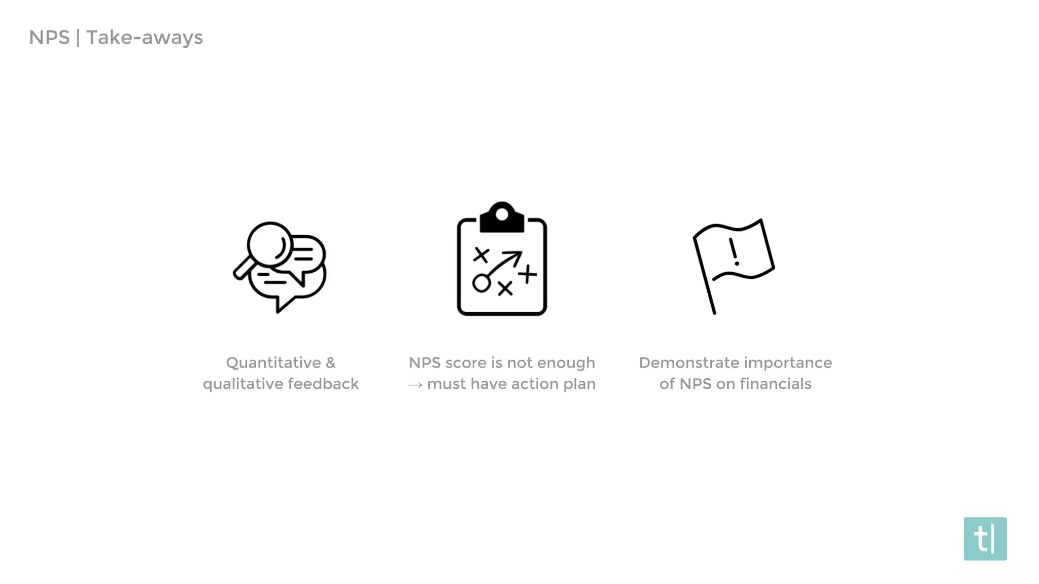 Quantitative &
qualitative feedback
NPS score is not enough
→ must have action plan
Demonstrate importance
of NPS on financials
NPS | Take-aways
 
