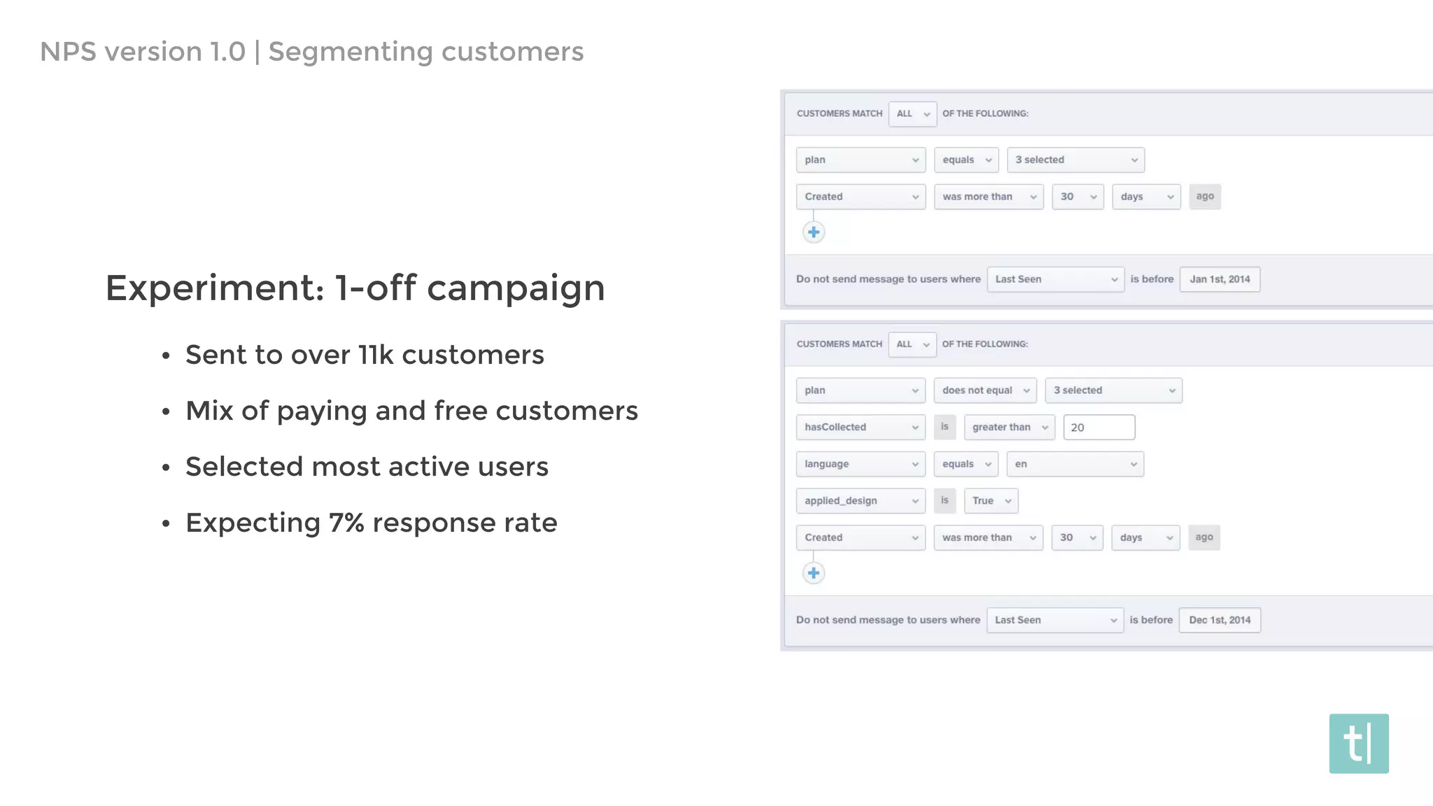 Experiment: 1-off campaign
• Sent to over 11k customers
• Mix of paying and free customers
• Selected most active users
• Expecting 7% response rate
NPS version 1.0 | Segmenting customers
 