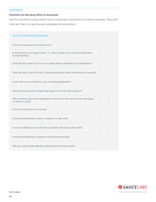 Learn more at saucelabs.com
16
WP-02-102019
APPENDIX
Checklist for Deciding What to Automate
Use this checklist to assess ...