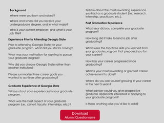 Background
Where were you born and raised?
Where and when did you receive your
undergraduate degree, and in what major?
Who is your current employer, and what is your
job title?
Tell me about the most rewarding experience
you had as a graduate student (i.e., research,
internship, practicum, etc.).
Experience Prior to Attending Georgia State
Prior to attending Georgia State for your
graduate program, what did you do for a living?
What was your motivation for wanting to pursue
your graduate degree?
Why did you choose Georgia State rather than
another institution?
Please summarize three career goals you
wanted to achieve after graduating?
Post Graduation Experience
What year did you complete your graduate
program?
How long did it take to land a job after
graduating?
What were the top three skills you learned from
your graduate program that prepared you for
your career?
How has your career progressed since
graduating?
What is your most rewarding or greatest career
achievement to date?
Where do you see yourself growing in your career
in the next 5 years?
What advice would you give prospective
graduate applicants interested in applying to
your graduate program?
Is there anything else you’d like to add?
Graduate Experience at Georgia State
Tell me about your experiences in your graduate
program.
What was the best aspect of your graduate
program (i.e., cohort, faculty, internships, etc.)?
Download
Alumni Questionnaire
 