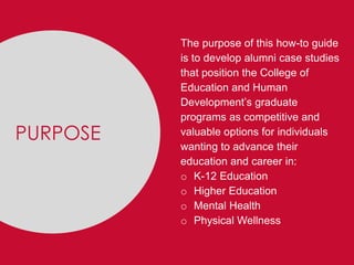 PURPOSE
The purpose of this how-to guide
is to develop alumni case studies
that position the College of
Education and Human
Development’s graduate
programs as competitive and
valuable options for individuals
wanting to advance their
education and career in:
o K-12 Education
o Higher Education
o Mental Health
o Physical Wellness
 