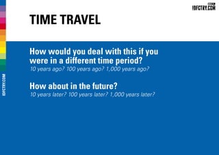 Time Travel
How would you deal with this if you
were in a different time period?
10 years ago? 100 years ago? 1,000 years ago?
How about in the future?
10 years later? 100 years later? 1,000 years later?
IDFCTRY.COM
 