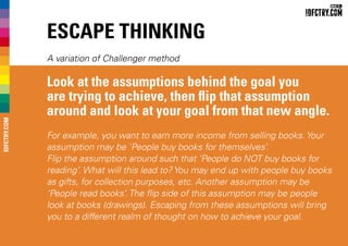 Escape Thinking
A variation of Challenger method
Look at the assumptions behind the goal you
are trying to achieve, then flip that assumption
around and look at your goal from that new angle.
For example, you want to earn more income from selling books. Your
assumption may be ‘People buy books for themselves’.
Flip the assumption around such that ‘People do NOT buy books for
reading’. What will this lead to? You may end up with people buy books
as gifts, for collection purposes, etc. Another assumption may be
‘People read books’. The flip side of this assumption may be people
look at books (drawings). Escaping from these assumptions will bring
you to a different realm of thought on how to achieve your goal.
IDFCTRY.COM
 