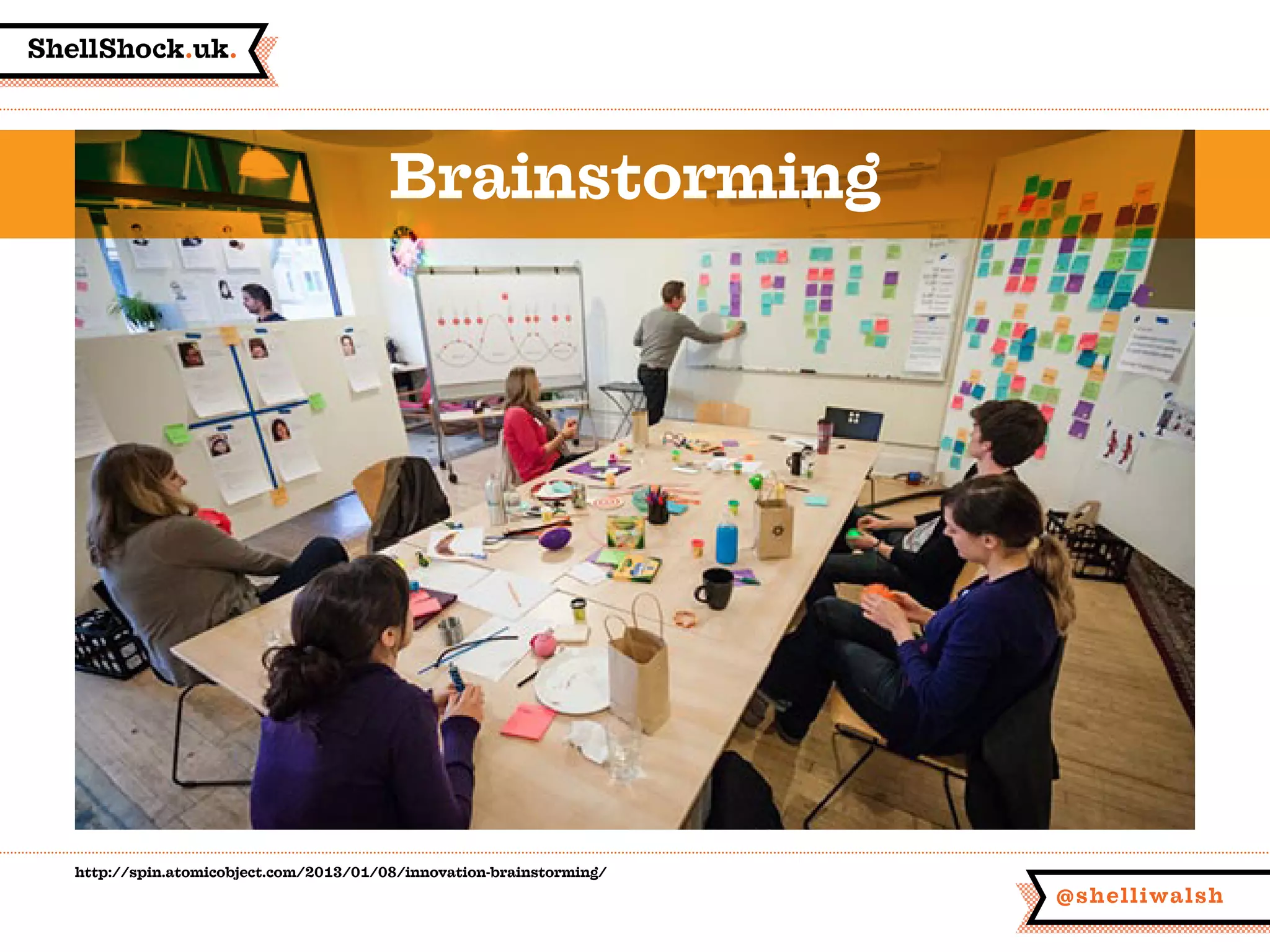 ShellShock.uk.
@shelliwalsh
http://spin.atomicobject.com/2013/01/08/innovation-brainstorming/
Brainstorming
 
