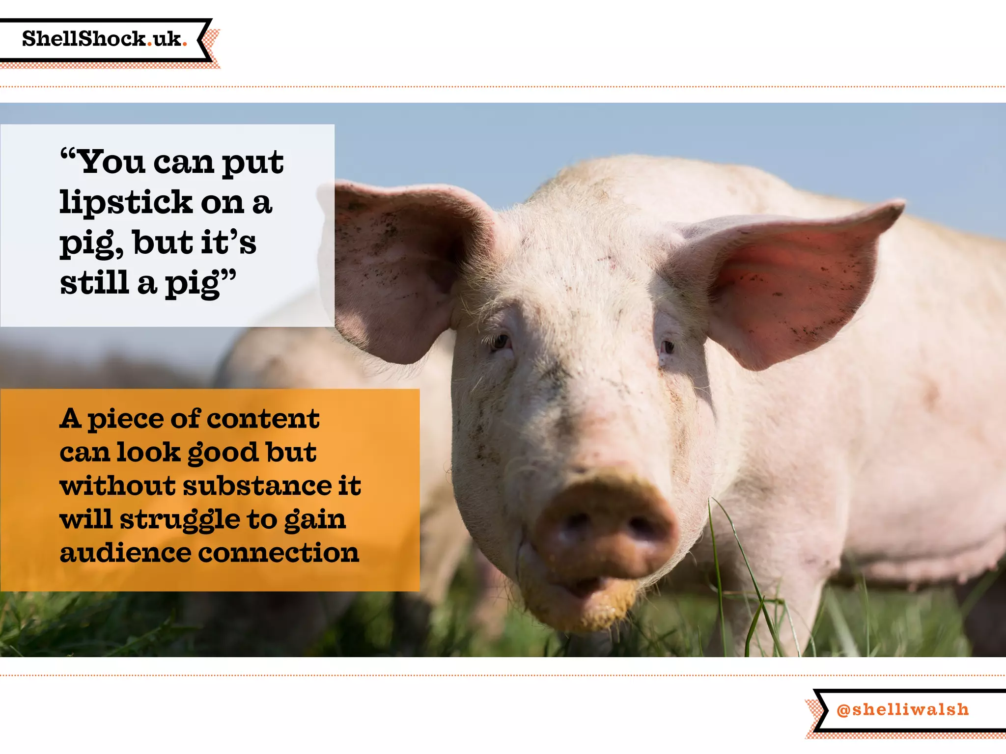 ShellShock.uk.
@shelliwalsh
“You can put
lipstick on a
pig, but it’s
still a pig”
A piece of content
can look good but
without substance it
will struggle to gain
audience connection
 