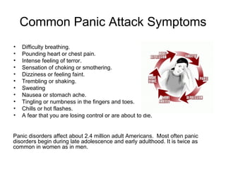 Common Panic Attack Symptoms Difficulty breathing. Pounding heart or chest pain. Intense feeling of terror. Sensation of choking or smothering. Dizziness or feeling faint. Trembling or shaking. Sweating Nausea or stomach ache. Tingling or numbness in the fingers and toes. Chills or hot flashes. A fear that you are losing control or are about to die. Panic disorders affect about 2.4 million adult Americans. Most often panic disorders begin during late adolescence and early adulthood. It is twice as common in women as in men.