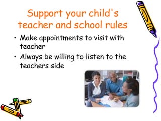 Support your child's teacher and school rules Make appointments to visit with teacher Always be willing to listen to the teachers side 