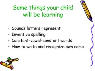 Some things your child will be learning Sounds letters represent Inventive spelling Constant-vowel-constant words How to write and recognize own name 