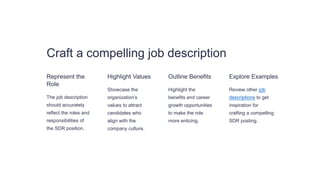 Craft a compelling job description
Represent the
Role
The job description
should accurately
reflect the roles and
responsibilities of
the SDR position.
Highlight Values
Showcase the
organization's
values to attract
candidates who
align with the
company culture.
Outline Benefits
Highlight the
benefits and career
growth opportunities
to make the role
more enticing.
Explore Examples
Review other job
descriptions to get
inspiration for
crafting a compelling
SDR posting.
 