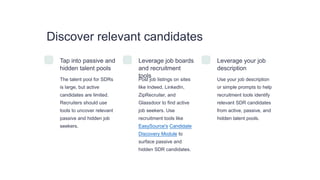 Discover relevant candidates
Tap into passive and
hidden talent pools
The talent pool for SDRs
is large, but active
candidates are limited.
Recruiters should use
tools to uncover relevant
passive and hidden job
seekers.
Leverage job boards
and recruitment
tools
Post job listings on sites
like Indeed, LinkedIn,
ZipRecruiter, and
Glassdoor to find active
job seekers. Use
recruitment tools like
EasySource's Candidate
Discovery Module to
surface passive and
hidden SDR candidates.
Leverage your job
description
Use your job description
or simple prompts to help
recruitment tools identify
relevant SDR candidates
from active, passive, and
hidden talent pools.
 