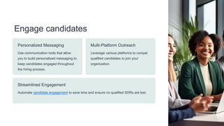 Engage candidates
Personalized Messaging
Use communication tools that allow
you to build personalized messaging to
keep candidates engaged throughout
the hiring process.
Multi-Platform Outreach
Leverage various platforms to compel
qualified candidates to join your
organization.
Streamlined Engagement
Automate candidate engagement to save time and ensure no qualified SDRs are lost.
 