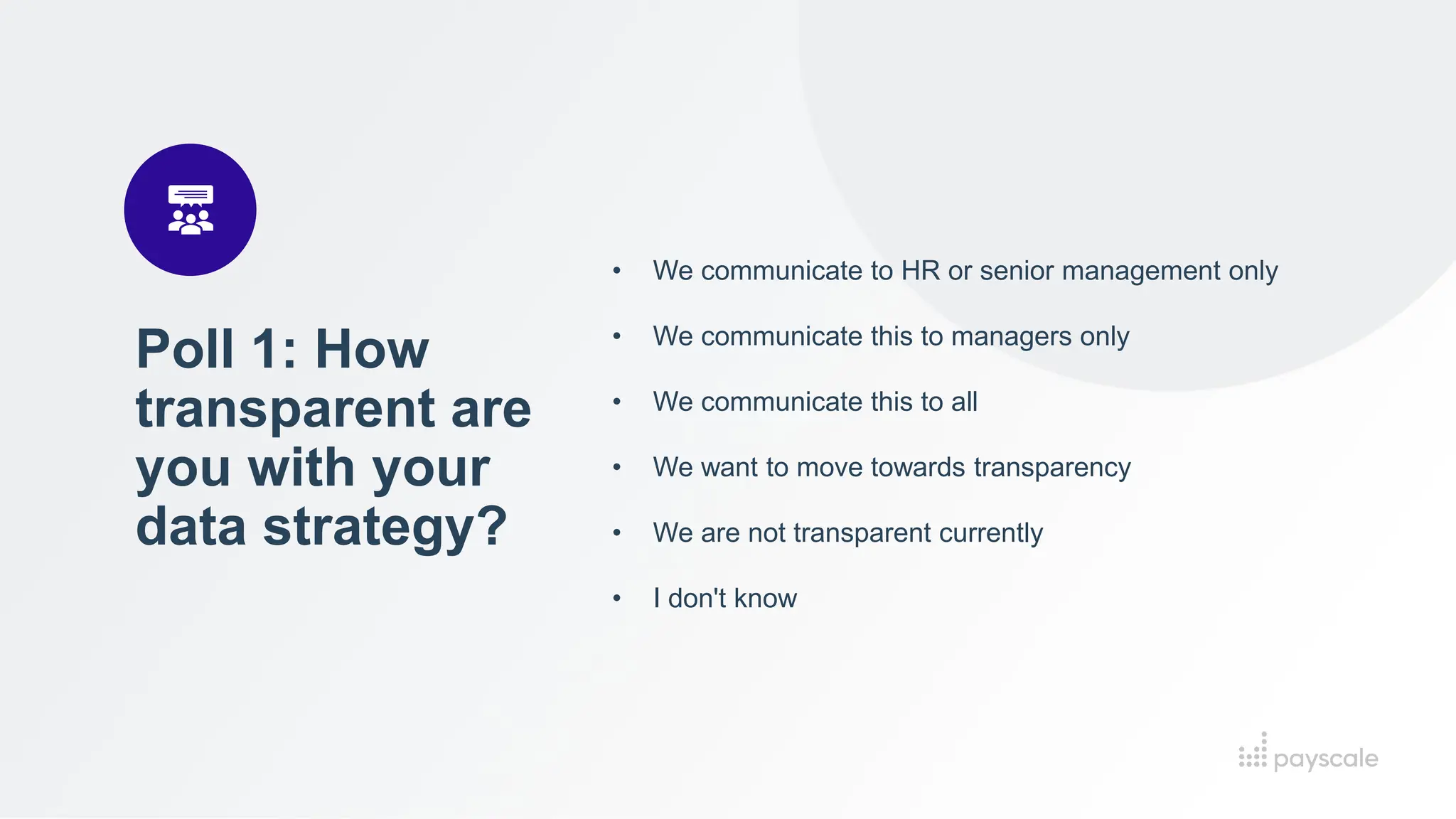 Poll 1: How
transparent are
you with your
data strategy?
• We communicate to HR or senior management only
• We communicate this to managers only
• We communicate this to all
• We want to move towards transparency
• We are not transparent currently
• I don't know
 