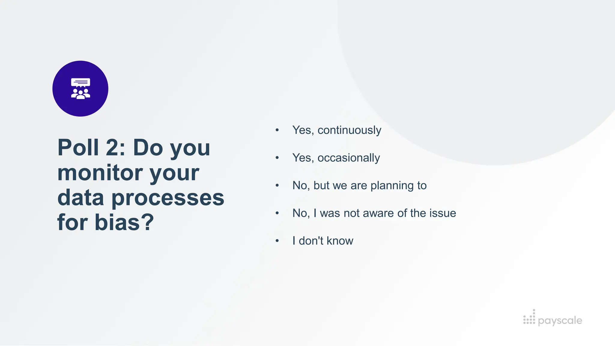 Poll 2: Do you
monitor your
data processes
for bias?
• Yes, continuously
• Yes, occasionally
• No, but we are planning to
• No, I was not aware of the issue
• I don't know
 