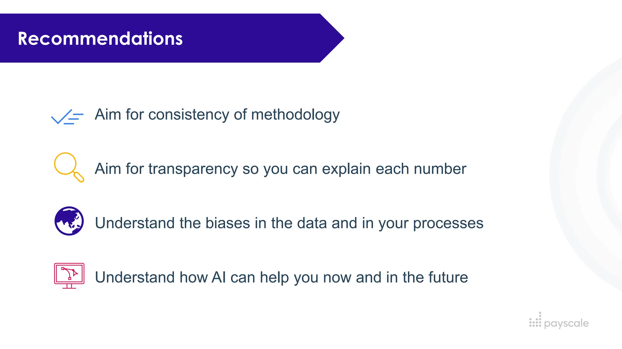 Recommendations
Aim for consistency of methodology
Aim for transparency so you can explain each number
Understand the biases in the data and in your processes
Understand how AI can help you now and in the future
 