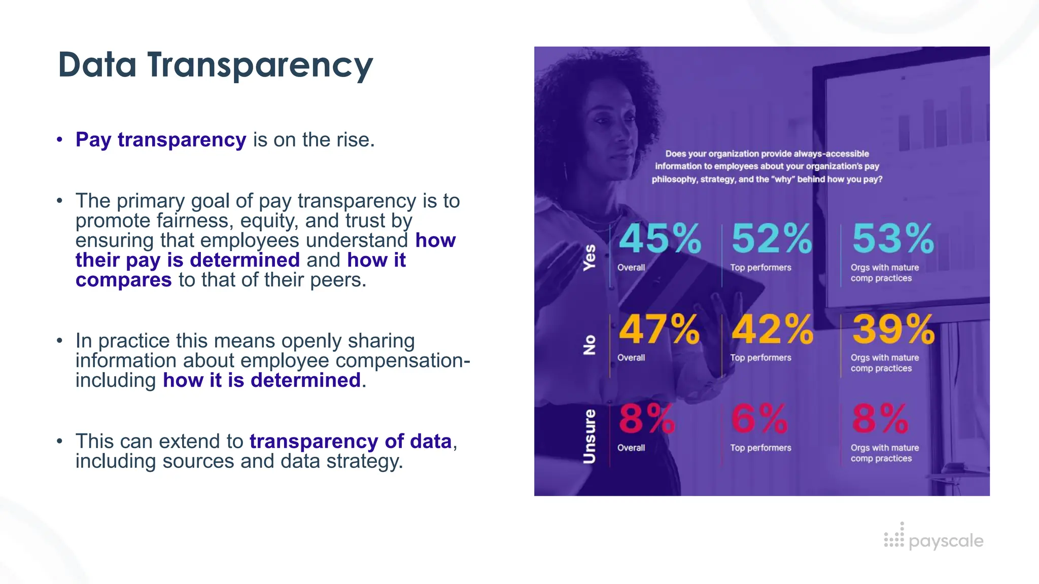 Data Transparency
• Pay transparency is on the rise.
• The primary goal of pay transparency is to
promote fairness, equity, and trust by
ensuring that employees understand how
their pay is determined and how it
compares to that of their peers.
• In practice this means openly sharing
information about employee compensation-
including how it is determined.
• This can extend to transparency of data,
including sources and data strategy.
 