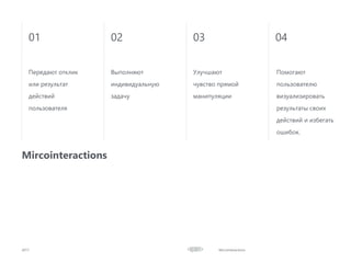 Microinteractions2017
Mircointeractions
Передают отклик
или результат
действий
пользователя
Выполняют
индивидуальную
задачу
Улучшают
чувство прямой
манипуляции
Помогают
пользователю
визуализировать
результаты своих
действий и избегать
ошибок.
01 02 03 04
 
