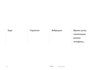 Microinteractions2017
Звук Гироскоп Вибрация Время суток,
геопозиция,
режим
телефона...
 