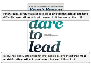 Psychological safety makes it possible to give tough feedback and have
difficult conversations without the need to tiptoe around the truth.
In psychologically safe environments, people believe that if they make
a mistake others will not penalize or think less of them for it.
 