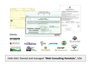 1998-2002: Owned and managed “Web Consulting Honolulu”, USA
Clients:
 