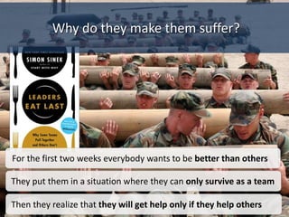 They put them in a situation where they can only survive as a team
Then they realize that they will get help only if they help others
Why do they make them suffer?
For the first two weeks everybody wants to be better than others
 