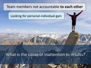 What is the cause of inattention to results?
Team members not accountable to each other
Looking for personal-individual gain
 