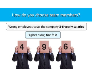 Higher slow, fire fast
Wrong employees costs the company 3-6 yearly salaries
How do you choose team members?
 