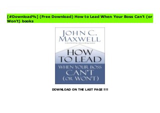 DOWNLOAD ON THE LAST PAGE !!!!
[#Download%] (Free Download) How to Lead When Your Boss Can't (or Won't) Ebook Every day millions of people with high potential are frustrated and held back by incompetent leaders. New York Times bestselling leadership author John C. Maxwell knows this because the number one question he gets asked is about how to lead when the boss isn’t a good leader.You don’t have to be trapped in your work situation. In this book, adapted from the million-selling The 360-Degree Leader, now distilled down for busy professionals, Maxwell unveils the keys to successfully navigating the challenges of working for a bad boss. Maxwell teaches how to position yourself for current and future success, take the high road with a poor leader, avoid common pitfalls, work well with teammates, and develop influence wherever you find yourself.Practicing the principles taught in this book will result in endless opportunities—for your organization, your career, and your life. You can learn how to lead when your boss can’t (or won’t).
[#Download%] (Free Download) How to Lead When Your Boss Can't (or
Won't) books
 