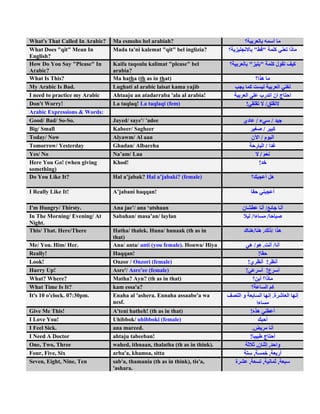 What's That Called In Arabic?   Ma esmoho bel arabiah?
What Does "qit" Mean In         Mada ta'ni kalemat "qit" bel inglizia?                   " "
English?
How Do You Say "Please" In      Kaifa taqoulu kalimat "please" bel               "               "
Arabic?                         arabia?
What Is This?                   Ma hatha (th as in that)
My Arabic Is Bad.               Lughati al arabic laisat kama yajib
I need to practice my Arabic    Ahtaaju an atadarraba 'ala al arabia!
Don't Worry!                    La taqlaq! La taqlaqi (fem)                  !                               /
Arabic Expressions & Words:
Good/ Bad/ So-So.               Jayed/ saye'/ 'adee                                          /                       /
Big/ Small                      Kabeer/ Sagheer                                                          /
Today/ Now                      Alyawm/ Al aan                                                       /
Tomorrow/ Yesterday             Ghadan/ Albareha                                                             /
Yes/ No                         Na am/ Laa                                                        /
Here You Go! (when giving       Khod!                                                            !
something)
Do You Like It?                 Hal a jabak? Hal a jabaki? (female)

I Really Like It!               A jabani haqqan!

I'm Hungry/ Thirsty.            Ana jae / ana atshaan                                                        /
In The Morning/ Evening/ At     Sabahan/ masa an/ laylan                             /                        /
Night.
This/ That. Here/There          Hatha/ thalek. Huna/ hunaak (th as in                    /               .           /
                                that)
Me/ You. Him/ Her.              Ana/ anta/ anti (you female). Houwa/ Hiya                /               .               /
Really!                         Haqqan!                                                          !
Look!                           Onzor / Onzori (female)                       !                              !
Hurry Up!                       Asre'/ Asre'ee (female)                      !                               !
What? Where?                    Matha? Ayn? (th as in that)
What Time Is It?                kam essa'a?
It's 10 o'clock. 07:30pm.       Enaha al 'ashera. Ennaha assaabe'a wa                                                .
                                nesf.
Give Me This!                   A'teni hatheh! (th as in that)                    !
I Love You!                     Uhibbok/ uhibboki (female)
I Feel Sick.                    ana mareed.                                        .
I Need A Doctor                 ahtaju tabeeban!                                  !
One, Two, Three                 wahed, ithnaan, thalatha (th as in think).                   ,                   ,
Four, Five, Six                 arba'a, khamsa, sitta                                    ,                       ,
Seven, Eight, Nine, Ten         sab'a, thamania (th as in think), tis'a,         ,                       ,                   ,
                                'ashara.
 