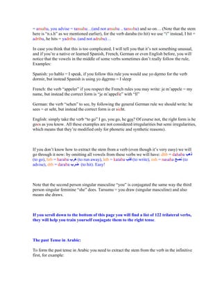= ansahu, you advise = tansahu (and not ansuhu .. tansuhu) and so on (Note that the stem
here is n.s.h as we mentioned earlier), for the verb daraba (to hit) we use i instead, I hit =
adribu, he hits = yadribu. (and not adrubu)

In case you think that this is too complicated, I will tell you that it s not something unusual,
and if you re a native or learned Spanish, French, German or even English before, you will
notice that the vowels in the middle of some verbs sometimes don t really follow the rule,
Examples:

Spanish: yo hablo = I speak, if you follow this rule you would use yo dormo for the verb
dormir, but instead Spanish is using yo duermo = I sleep

French: the verb appeler if you respect the French rules you may write: je m appele = my
name, but instead the correct form is je m appelle with ll

German: the verb sehen to see, by following the general German rule we should write: he
sees = er seht, but instead the correct form is er sieht.

English: simply take the verb to go I go, you go, he gos? Of course not, the right form is he
goes as you know. All these examples are not considered irregularities but semi irregularities,
which means that they re modified only for phonetic and synthetic reasons).



If you don t know how to extract the stem from a verb (even though it s very easy) we will
go through it now: by omitting all vowels from these verbs we will have: dhb = dahaba
(to go), hrb = haraba   (to run away), ktb = kataba      (to write), nsh = nasaha    (to
advise), drb = daraba      (to hit). Easy!



Note that the second person singular masculine you is conjugated the same way the third
person singular feminine she does. Tarsumu = you draw (singular masculine) and also
means she draws.



If you scroll down to the bottom of this page you will find a list of 122 trilateral verbs,
they will help you train yourself conjugate them to the right tense.



The past Tense in Arabic:

To form the past tense in Arabic you need to extract the stem from the verb in the infinitive
first, for example:
 