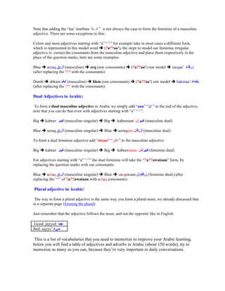 Note that adding the taa marbuta      , is not always the case to form the feminine of a masculine
adjective. There are some exceptions to this:

Colors and most adjectives starting with a        for example take in most cases a different form,
which is represented in this model word      (?a??aa ), the steps to model our feminine irregular
adjective is: extract the consonants from the masculine adjective and place them respectively in the
place of the question marks, here are some examples:

Blue      azraq      (masculine)    zrq (raw consonants)     (?a??aa ) raw model       zarqaa
(after replacing the ??? with the consonants)

Dumb       abkam      (masculine)     bkm (raw consonants)      (?a??aa ) raw model        bakmaa
(after replacing the ??? with the consonants)

Dual Adjectives in Arabic:

To form a dual masculine adjective in Arabic we simply add aan              to the end of the adjective,
note that you can do that even with adjectives starting with a ,

Big    kabeer      (masculine singular)     Big     kabeeraan        (masculine dual)

Blue    azraq      (masculine singular)     Blue     azraqaan       (masculine dual)

To form a dual feminine adjective add ataan            to the masculine adjective:

Big    kabeer      (masculine singular)     Big     kabeerataan         (feminine dual)

For adjectives starting with a      the dual feminine will take the ?a??awataan form, by
replacing the question marks with our consonants:

Blue    azraq     (masculine singular)  Blue    zarqawaan              (feminine dual) (after
replacing the ? of ?a??awataan with azraq consonants)

Plural adjective in Arabic:

 The way to form a plural adjective is the same way you form a plural noun, we already discussed that
in a separate page (forming the plural)

Just remember that the adjective follows the noun, and not the opposite like in English.

Good: jayyed
Bad: sayye

 This is a list of vocabularies that you need to memorize to improve your Arabic learning,
below you will find a table of adjectives and adverbs in Arabic (about 150 words), try to
memorize as many as you can, because they re very important in daily conversations.
 