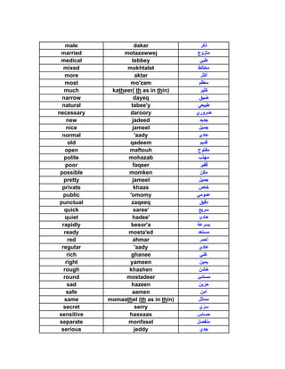 male              dakar
 married         motazawwej
 medical            tebbey
   mixed          mokhtalet
    more              aktar
    most           mo'zam
   much      katheer( th as in thin)
  narrow             dayeq
  natural           tabee'y
necessary          daroory
    new             jadeed
    nice            jameel
  normal              'aady
     old           qadeem
    open           maftouh
   polite         mohazab
    poor             faqeer
 possible          momken
   pretty           jameel
  private            khaas
   public          'omomy
 punctual           zaqeeq
   quick             saree'
    quiet           hadee'
  rapidly           besor'a
   ready          mosta'ed
     red             ahmar
  regular             'aady
     rich           ghanee
    right          yameen
   rough           khashen
   round          mostadeer
     sad            hazeen
    safe            aamen
   same     momaathel (th as in thin)
   secret             serry
sensitive          hassaas
 separate         monfasel
  serious             jeddy
 