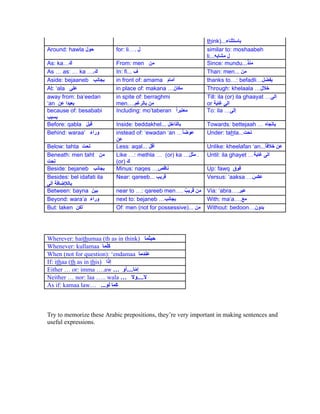 think)...
Around: hawla               for: li   .                           similar to: moshaabeh
                                                                  li...
As: ka                      From: men                             Since: mundu...
As    as:   ka .            In: fi...                             Than: men...
Aside: bejaaneb             in front of: amama                    thanks to : befadli
At: ala                     in place of: makana                   Through: khelaala
away from: ba eedan         in spite of: berraghmi                Till: ila (or) ila ghaayat
an                          men .                                 or
because of: besababi        Including: mo taberan                 To: ila

Before: qabla               Inside: beddakhel...                  Towards: bettejaah
Behind: waraa               instead of: ewadan an                 Under: tahta...

Below: tahta                Less: aqal...                         Unlike: kheelafan an...
Beneath: men taht           Like : methla      (or) ka        .   Until: ila ghayet
                            (or)
Beside: bejaneb             Minus: naqes                          Up: fawq
Besides: bel idafati ila    Near: qareeb...                       Versus: aaksa

Between: bayna              near to : qareeb men .                Via: abra .
Beyond: wara a              next to: bejaneb                      With: ma a .
But: laken                  Of: men (not for possessive)...       Without: bedoon




Wherever: haithumaa (th as in think)
Whenever: kullamaa
When (not for question): endamaa
If: ithaa (th as in this)
Either      or: imma .aw       ....
Neither      nor: laa .. wala       ....
As if: kamaa law         ...



Try to memorize these Arabic prepositions, they re very important in making sentences and
useful expressions.
 