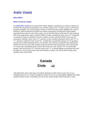 Arabic Vowels
Salim 2006 ©

Short Vowels in Arabic:

In Arabic short vowels are not a part of the Arabic alphabet, instead they are written as marks over
or below the consonant and sometimes over or below a long vowel. To make it easy we will take an
example in English: the word Canada is written as CNDA but using Arabic Alphabet, the vowel A
between C and N and between N and D are omitted, instead they re replaced by small symbols,
especially because they re only short vowels, you see the little dashes on the top of C and on the top
of N in the image below, they re called FATHA in Arabic, meaning the short vowel A in English,
so instead of writing a word full of vowels in Arabic, we only write the FATHA on the top of a
consonant to indicate a short vowel A , and also we have symbols referring to short vowel E or
 I , and also a symbol for short vowel O , actually this is a good idea, because it s saving space
and also has an other advantage that we will see later. You may have noticed that the consonant D
and the vowel A don t have any symbols on the top of them in the image below, that s because the
 A at the end is considered a long vowel in this word, so it s the vowel of D , no need to add
another vowel on the top of D since the long vowel A is already helping us pronounce the word
the right way. Now you can look at the word Canada in Arabic; you will see that it has the exact
symbols as the word CNDA.




 The table below shows other types of symbols referring to Arabic short vowels. First we see
Washington the way it s written in English, and then we can see it using English Alphabet but Arabic
symbols of short vowels. And finally you can see the word in Arabic with its full short vowels.
 