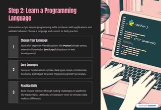 Step 2: Learn a Programming
Language
Automation scripts require programming skills to interact with applications and
validate behavior. Choose a language and commit to daily practice.
1
Choose Your Language
Start with beginner-friendly options like Python (simple syntax,
extensive libraries) or JavaScript (ubiquitous in web
development).
2
Core Concepts
Focus on fundamentals: syntax, data types, loops, conditionals,
functions, and Object-Oriented Programming (OOP) principles.
3
Practice Daily
Build muscle memory through coding challenges on platforms
like HackerRank, LeetCode, or Codewars4even 30 minutes daily
makes a difference.
 