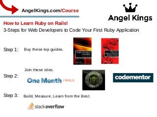 How to Learn Ruby on Rails!
3­Steps for Web Developers to Code Your First Ruby Application
Step 1:
   
 
Step 2:
Step 3:
AngelKings.com/Course
Buy these top guides.
Join these sites.
Build, Measure, Learn from the Best.  
 