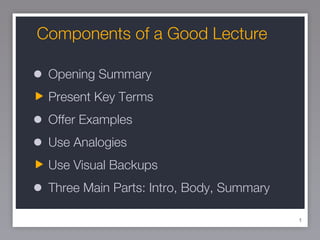 Components of a Good Lecture Opening Summary Present Key Terms Offer Examples Use Analogies Use Visual Backups Three Main Parts: Intro, Body, Summary 
