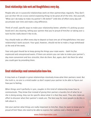 14www.thebridgemaker.com
Great relationships take work and thoughtfulness every day.
People who are in successful relationships work on their partnerships regularly. They don’t
just set their life on cruise control expecting things to be great all of the time. Ask yourself,
“What can I do today to make my partner’s life better?” Little bits of effort every day will
accumulate over time and make a big difference.
Think of small, specific ways to make your relationship better, whether it’s picking up your
loved one’s dry cleaning, telling your partner that you’re proud of him/her or taking over a
task he/she really doesn’t like to do.
You should make an effort every day to deposit at least one act of thoughtfulness into your
relationship’s bank account. Your goal, however, should not be to make a huge withdrawal
at the end of the week.
Your only goal should be to keep giving the things your mate wants – both his/her
expressed and unexpressed wants. If there are actions you can take to make your partner’s
day more convenient and less stressful, then do them. But, again, don’t do them for what
you could gain by providing them.
Great relationships need communication know-how.
It may look as if people in great relationships intuitively know what their partners need. But
the truth is, no one is a mind-reader so don’t expect your partner to be able to figure out
how you’re feeling.
When things aren’t perfectly in sync, couples in this kind of relationship know how to
communicate. They know that instead of giving their partner a laundry list of what he or
she is doing wrong, they can be specific about what it is that they want. They also make an
effort to discover what their partner’s needs are. The best way for most people to do this is
talk about it.
Ask your partner what things are really important to him/her. Does he want to know you’re
proud of him? Does she need to be able to express her sadness over a family or work-
 