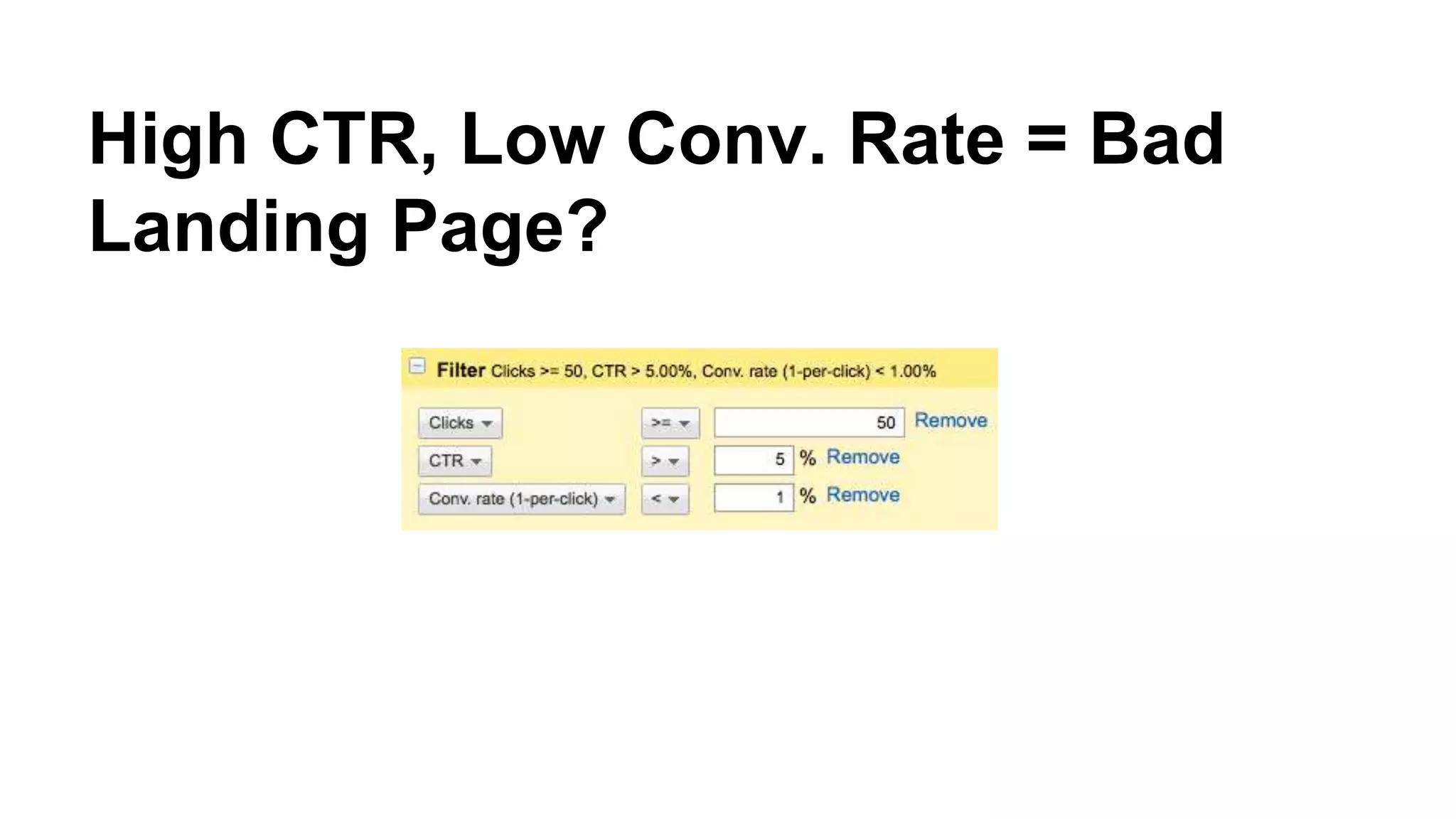 High CTR, Low Conv. Rate = Bad
Landing Page?
 