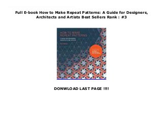 Full E-book How to Make Repeat Patterns: A Guide for Designers,
Architects and Artists Best Sellers Rank : #3
DONWLOAD LAST PAGE !!!!
Author : Paul Jackson Language : English Grade Level : 1-4 Product Dimensions : 8.5 x 0.5 x 9.2 inches Shipping Weight : 18.7 ounces Format : BOOKS Seller information : Paul Jackson ( 3? ) Link Download : https://samsambur.blogspot.fr/?book=178627129X Synnopsis : This book explains, in simple steps and non-mathematical terminology, how to create repeat patterns in a line, on the plane, as tiles, and as Escher-like repeats. The book also shows how to make 'wallpaper repeats', where the elements of the pattern merge into each other, apparently seamlessly. Using letters as the basic elements, the book demonstrates how all repeat pattern-making comes out of four simple operations: translation, rotation, reflection, and glide reflection. It will provide the definitive one-stop pattern-making resource for professional designers and students across disciplines, from textiles and fashion to graphic design and architecture.
 
