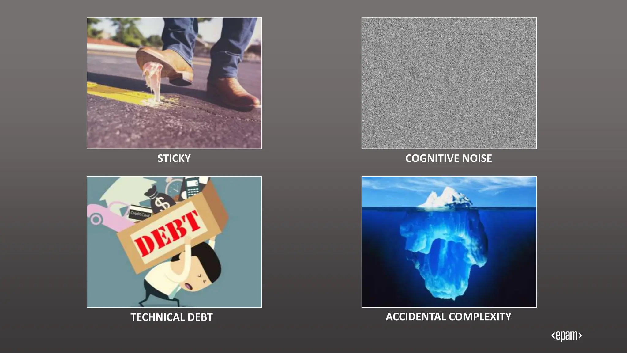 STICKY COGNITIVE NOISE
TECHNICAL DEBT ACCIDENTAL COMPLEXITY
 