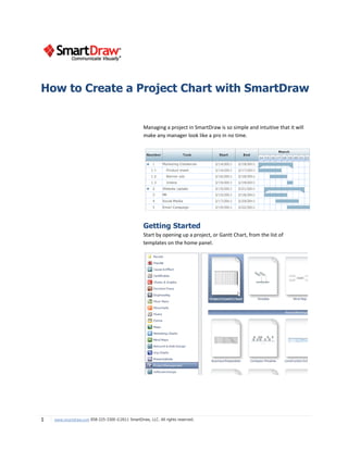 How to Create a Project Chart with SmartDraw


                                                  Managing a project in SmartDraw is so simple and intuitive that it will
                                                  make any manager look like a pro in no time.




                                                  Getting Started
                                                  Start by opening up a project, or Gantt Chart, from the list of
                                                  templates on the home panel.




1   www.smartdraw.com 858-225-3300 ©2011 SmartDraw, LLC. All rights reserved.
 
