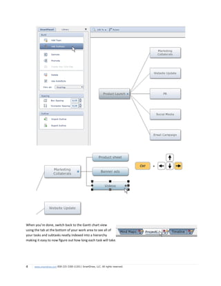 When you’re done, switch back to the Gantt chart view
using the tab at the bottom of your work area to see all of
your tasks and subtasks neatly indexed into a hierarchy
making it easy to now figure out how long each task will take.




4    www.smartdraw.com 858-225-3300 ©2011 SmartDraw, LLC. All rights reserved.
 