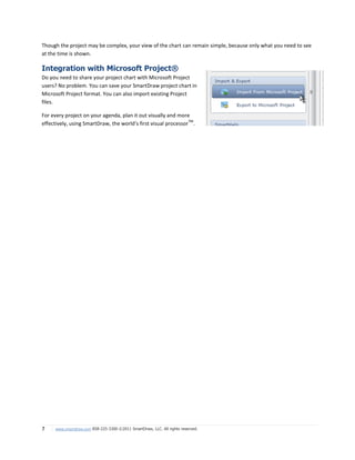 Though the project may be complex, your view of the chart can remain simple, because only what you need to see
at the time is shown.

Integration with Microsoft Project®
Do you need to share your project chart with Microsoft Project
users? No problem. You can save your SmartDraw project chart in
Microsoft Project format. You can also import existing Project
files.

For every project on your agenda, plan it out visually and more
                                                                TM
effectively, using SmartDraw, the world’s first visual processor .




7    www.smartdraw.com 858-225-3300 ©2011 SmartDraw, LLC. All rights reserved.
 