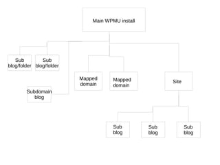 Main WPMU install Mapped domain Site Sub blog Sub blog Sub blog Sub blog/folder Mapped domain Sub blog/folder Subdomain blog 