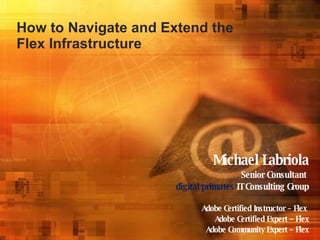 How to Navigate and Extend the Flex Infrastructure Michael Labriola Senior Consultant   digital primates  IT Consulting Group Adobe Certified Instructor – Flex  Adobe Certified Expert – Flex Adobe Community Expert – Flex 