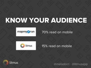 @meladorri @litmusapp
KNOW YOUR AUDIENCE
70% read on mobile
15% read on mobile
 