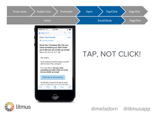 @meladorri @litmusapp
From name Subject line Preheader Open Tap/Click Page/Site
Inbox Email/Body Page/Site
59
TAP, NOT CLICK!
 
