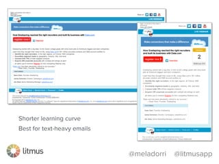@meladorri @litmusapp
Email width
changes to ﬁt
within the window
it’s viewed in
Percentage-based
widths adapts to ﬁt
the screen; text wraps
automatically
 