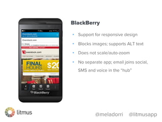@meladorri @litmusapp
•  Sometimes responsive works
•  Inconsistent font display
•  Blocks images
•  No ALT text
Windows Phone
 