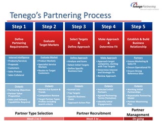 Partner
ManagementPartner RecruitmentPartner Type Selection
Step 1
Define
Partnering
Requirements
Step 2
Evaluate
Target Markets
Internal Intelligence
• Products/Services
• Proposals
• Customers
• Sales Process
• Sales Collateral
Evaluate Market
•Product Markets
•Specialist Service
Markets
•Routes to Target
Customers
Step 3
Select Targets
&
Define Approach
Define Approach
•Analyse and Score
•Select Initial Targets
•Define Specific
Business Case
Step 4
Make Approach
&
Determine Fit
Make Approach
•Approach target
companies, starting
with Top Targets
•Determine Interest
and Strategic Fit
•Review Approach
Step 5
Establish & Build
Business
Relationship
Partners
•Ensure Marketing &
Sales Fit
•Ensure Operational Fit
•Ensure Strong
Reference Sites
Outputs
•Partnering Objectives
•Partner Value
Proposition
•Sales and Delivery
Capabilities Required
Outputs
•Market Eco-System &
Trends
•Competitors Review
•Target Partner Types
Profiles including
search criteria
Outputs
•Scored Lists
•Top Targets
•Specific Business
Cases
•Approach Action Plan
Outputs
•Selected Initial
Partners
•Agreed Partnering
Terms (Tentative)
•Identify Initial
Engagements
Outputs
•Working Initial
Partnerships
•Repeatable Partnering
Model
•Partner Maximising
Plan
Week 1 to 4 Week 5 to … On-going
Tenego’s Partnering Process
 